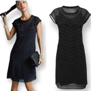 Cabi Embroidered Sheer Dress Size M Black Cap Sleeve Knee Length Fringe